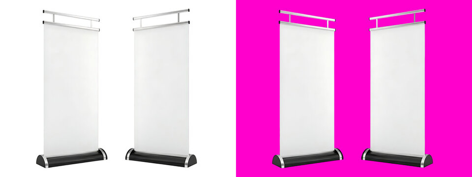 Two white roll up banner stands, blank advertising display mockups, isolated on a white background, 3d render, trade show exhibition equipment isolated on a transparent background