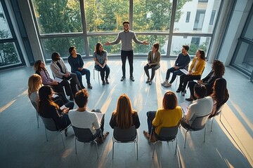 Obraz premium diverse group of adults seated in a circle indoors with a standing facilitator near large windows, warm sunlight and an engaged, open collaborative atmosphere
