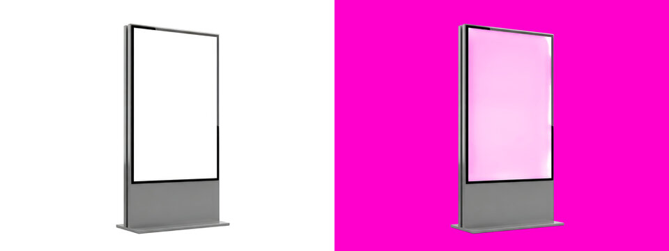 Vertical white digital advertising display kiosk with a grey metal base, isolated on a white background, for retail and, information mockups isolated on a transparent background