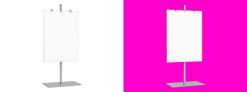 Vertical white rectangular display stand with a metal pole and base, isolated on a white background, for advertising and, signage mockups isolated on a transparent background