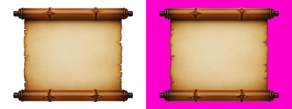 Vintage parchment paper scroll with dark brown bamboo rollers, isolated on a white background, for historical or, fantasy document templates isolated on a transparent background