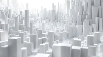 Fototapeta premium white monochrome abstract cityscape of geometric blocks and cylindrical towers in soft mist, minimal futuristic and serene atmosphere