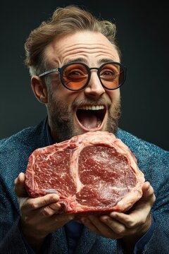 Person with obscured face in blue textured jacket holding a large marbled raw ribeye steak toward camera in dramatic studio portrait, conveying playful pride and appetite
