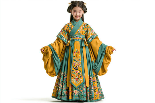 Chinese Girl in Traditional Hanfu Full Body Isolated on White Background