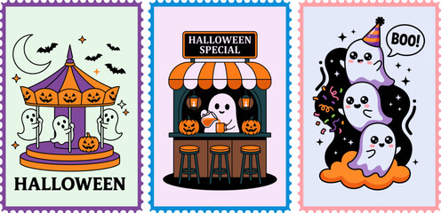 Charming helloween postcards spooky carousel cafe and ghost illustrations for festive greetings © UniQue DEsigN