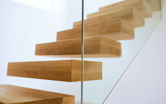 Close-up view of modern wooden floating stairs with glass balustrade in a bright contemporary interior space featuring clean lines and natural textures