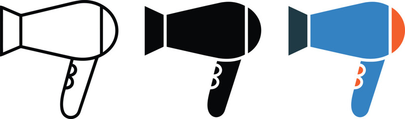 Hair dryer icons, modern handheld blow set featuring outline, solid black, and colorful flat styles for beauty salon branding and care, icon © fay009
