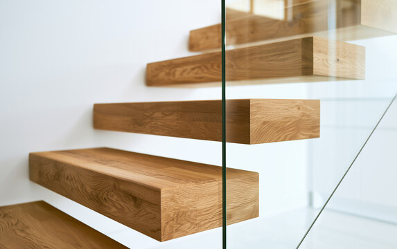Close-up view of modern wooden floating stairs with glass balustrade in a bright contemporary interior space featuring clean lines and natural textures