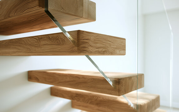 Close-up view of modern wooden floating stairs with glass balustrade in a bright contemporary interior space featuring clean lines and natural textures
