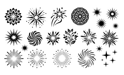 Obraz premium Decorative Fireworks Burst and Floral Star Silhouette Vector Illustration Set