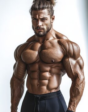 tanned muscular man with hair bun displaying sculpted chest, six-pack abs, vascular arms and black shorts in a confident powerful studio pose