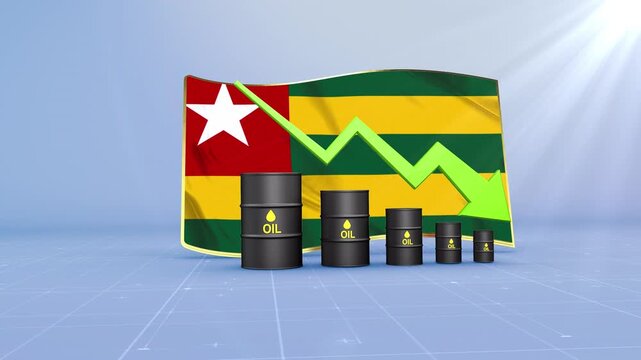 Togo Oil Price Falling with Oil Barrels Downward Green Arrow and 3D Financial Data Visualization Graphs for Economy and Business Concept