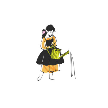 Hand drawn vector graphic sketch line illustration with child is watering with a watering can .Gardening concept vector graphic illustration line art. Cute garden person drawing,isolated.