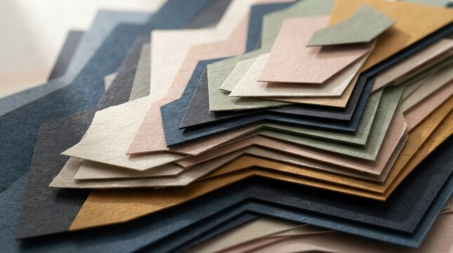 Layered textured paper swatches in muted earth tones abstract background