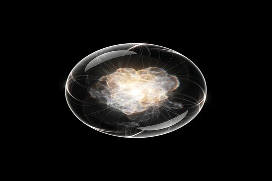 Abstract glowing energy core encapsulated inside transparent glass ellipsoid sphere against dark black background