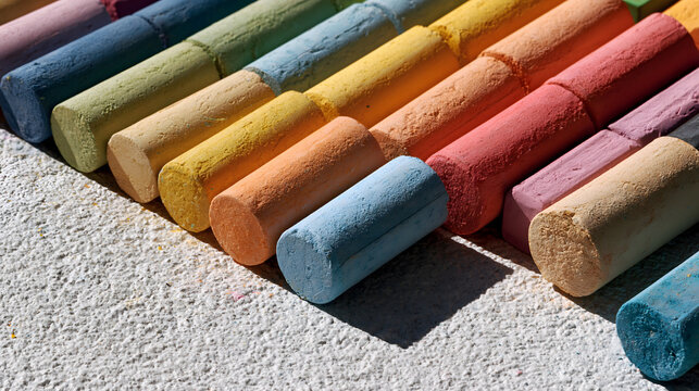 Rainbow of Chalk Sticks: A vibrant array of colorful chalk sticks arranged in a captivating diagonal line, ready to bring creativity and art to life on a textured surface.