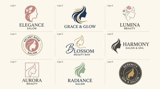 Collection of elegant beauty salon logos featuring female profiles, flowers, and abstract hair designs. Spa, wellness, and cosmetics branding.