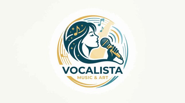 Vocalist Singing with Microphone and Music Notes in Circular Logo Design