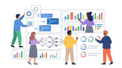 Fototapeta premium Diverse team analyzing data visualization and AI neural network for business insights and strategy