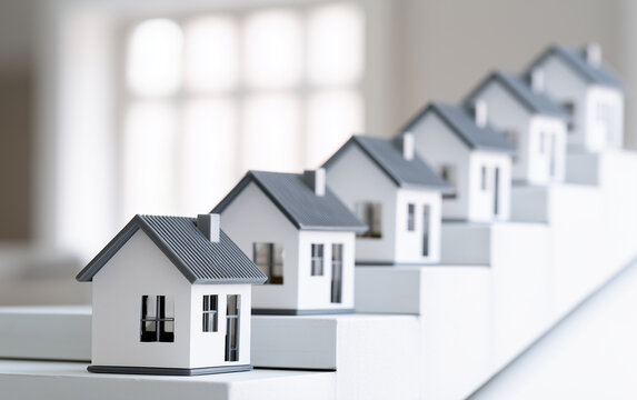 Small white model houses arranged on a staircase representing real estate investment and property development concepts