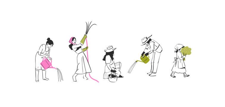 Hand drawn vector graphic sketch line illustration set with various people involved in gardening and watering .Gardening concept vector graphic illustration line art. Cute garden person drawing