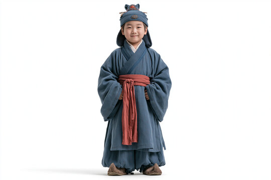 Chinese Boy in Blue and Red Traditional Hanfu Full Body Isolated on White Background