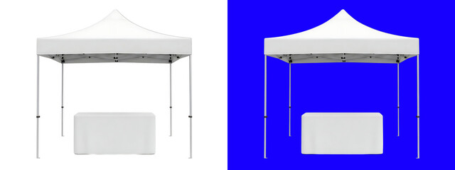 White pop up canopy tent with a matching white tablecloth isolated on a white background, for outdoor events, and trade show isolated on a transparent background © SP Creative Lens