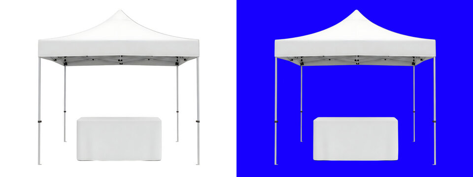 White pop up canopy tent with a matching white tablecloth isolated on a white background, for outdoor events, and trade show isolated on a transparent background
