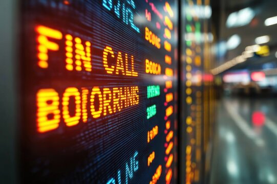 close-up of glowing electronic financial ticker with colored numbers on a wall display and a blurred busy terminal background conveying urgency and motion