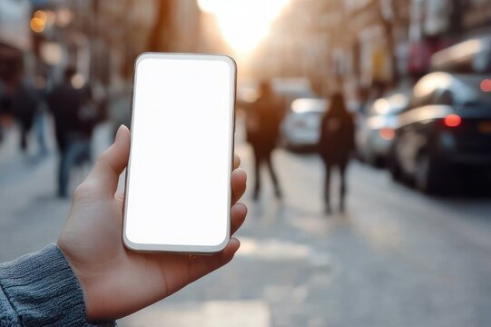 hand holding smartphone with blank white screen over a blurred busy city street at sunset, warm backlight and sense of anticipation