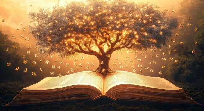 Open book with a glowing tree growing from its pages, letters floating in golden light over a forest, evoking wonder and magical knowledge