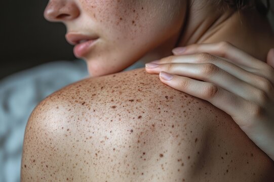 Close-up of freckled bare shoulder and upper back with hand resting, partial face showing lips and nose, soft moody lighting conveying calm and contemplative emotion