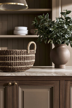 Closeup of woven jute basket with natural fiber variations on a walnut kitchen shelf with a decorative plant and dishware in a modern setting