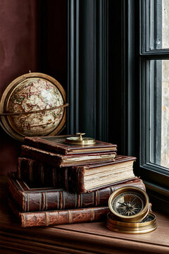 Stack of vintage atlases with cracked leather spines and brass compass on walnut windowsill, globe visible in background