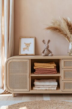 Low rattan dresser with open shelves displaying folded baby muslins and plush bunny in a boho nursery against a warm pink wall