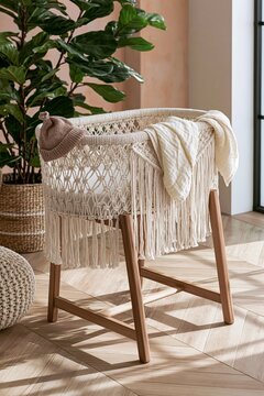 Woven macrame baby cradle on wooden stand with knit newborn hat and muslin swaddle in a boho nursery with warm light and greenery