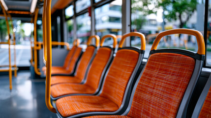 Fototapeta premium Modern low floor city bus interior with orange seats and yellow support rails, empty passenger area, polished floor, natural daylight entering through wide windows with an urban street softly blurre