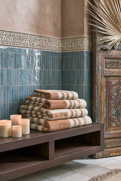 Hand-woven cotton towels stacked on a dark mahogany shelf in a Moroccan riad bathroom with indigo zellige tiles and decorative wall trim