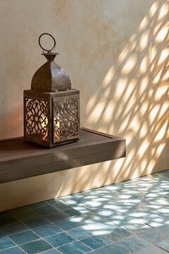 Hand-forged iron lantern on a dark teak shelf casting intricate amber shadows in a contemporary Moroccan-inspired bathroom setting