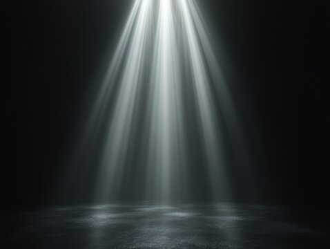 empty dark stage with multiple dramatic spotlight beams and mist illuminating a textured floor, evoking mystery and anticipation