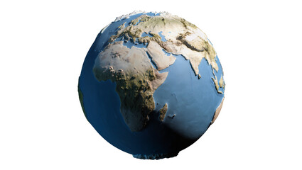 Isolated detailed 3D render of Earth globe showing topography of Africa, Europe, and Asia. © Aoife