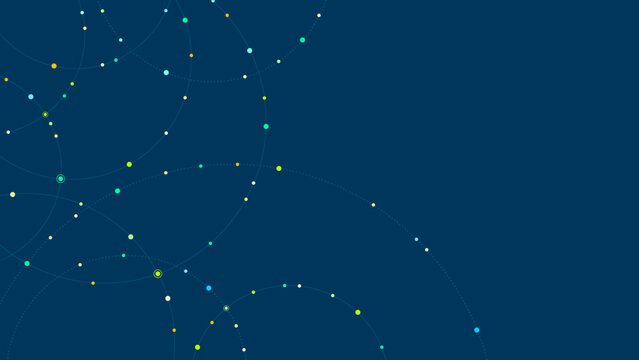 Abstract Blue Technology Background with Circular Digital Connection Network, Data Nodes and Copy Space