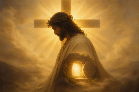 Jesus Christ before the cross with a glowing empty tomb, symbolic Christian illustration of Easter resurrection, eternal life, salvation and hope