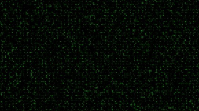 Matrix code rain animation sequence with green binary code on a black background display