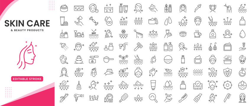 Skin care line icons set in editable stroke. Moisture cream, acid, anti wrinkle serum, ceramide, collagen, retinol compound, sunscreen vector illustration.