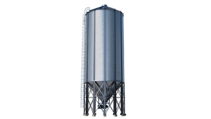 Isolated modern industrial metal grain silo for agricultural storage on a sturdy steel frame © Aoife