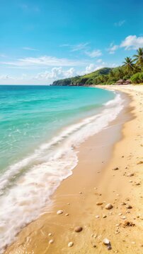 Turquoise ocean waves washing onto sandy tropical beach. Static wide shot of exotic coastline with palm trees and green hills.