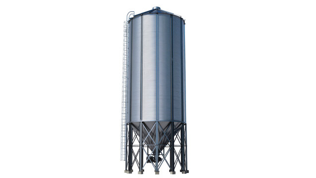 Isolated modern industrial metal grain silo for agricultural storage on a sturdy steel frame