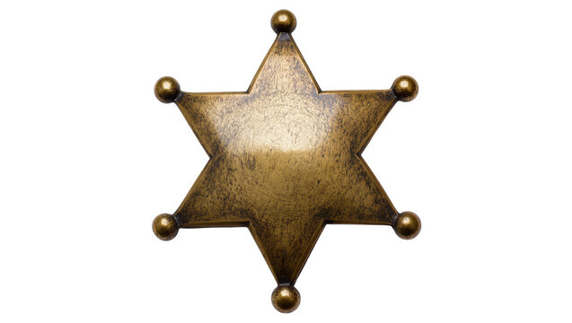 Isolated aged golden sheriff star badge representing Wild West law enforcement and authority