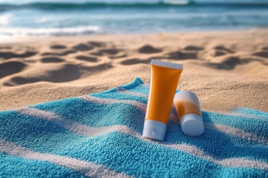 two sunscreen tubes on a blue striped beach towel on warm sand with gentle ocean waves, evoking relaxed sun-soaked summer calm